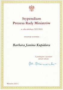 2023.11.27 — Barbara Kupidura — Stypendium Prezesa Rady Ministrów